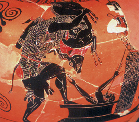 2. Ο Ηρακλής φέρνει στον Ευρυσθέα τον κάπρο του Ερύµανθου. Από αρχαίο ελληνικό αγγείο.