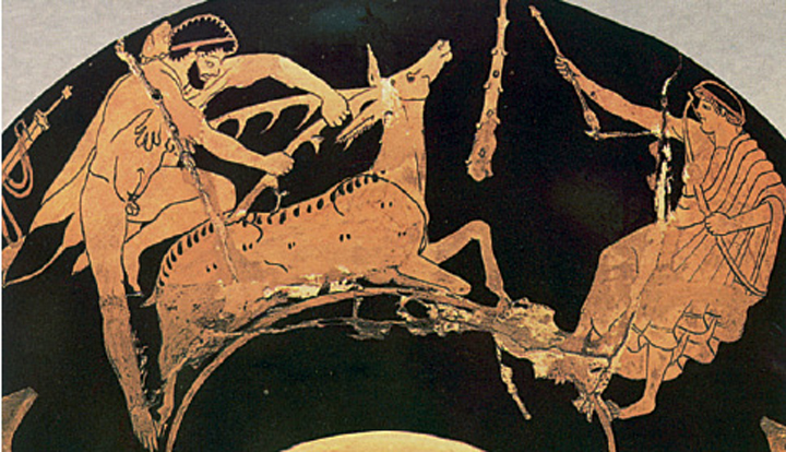 1. Ο Ηρακλής και το ελάφι της Άρτεµης. Πάντα βοηθός ο Ιόλαος. Από αρχαίο ελληνικό αγγείο.