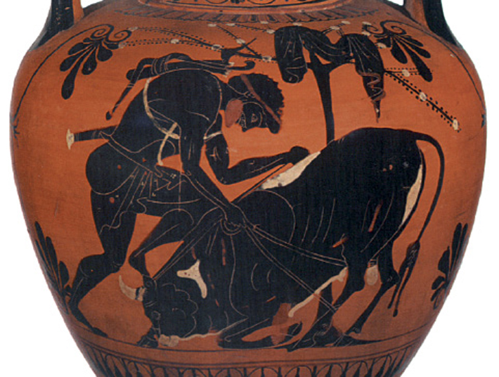 1. Ο Ηρακλής πιάνει τον ταύρο της Κρήτης. Από αρχαίο ελληνικό αγγείο.
