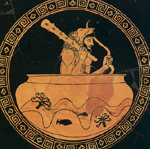 6. Ο Ηρακλής ταξιδεύει µε το κύπελλο του Ήλιου. Από αρχαίο ελληνικό αγγείο.