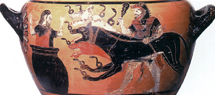 1. Ο Ηρακλής πιάνει τον ταύρο της Κρήτης. Από αρχαίο ελληνικό αγγείο.