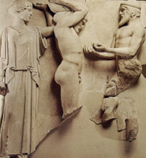 3. Η Αθηνά, ο Ηρακλής που κρατάει τον ουρανό και ο Άτλαντας, που του φέρνει τα χρυσά µήλα. Γλυπτό από το ναό του ∆ία στην Ολυµπία.