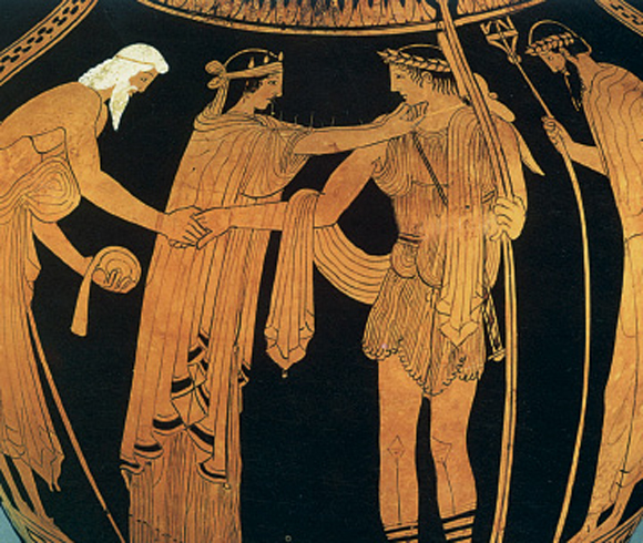 4. Ο Θησέας χαιρετά το θνητό πατέρα του Αιγέα, ενώ η µητέρα του, η Αίθρα, τον χαϊδεύει στο πηγούνι. Ο θεϊκός πατέρας του Θησέα, ο Ποσειδώνας, τους παρακολουθεί. Από αρχαίο ελληνικό αγγείο.