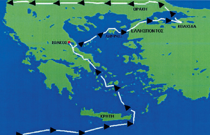 3.  Η πορεία που ακολούθησαν οι Αργοναύτες από την Ιωλκό στην Κολχίδα και το πέρασμά τους από την Κρήτη κατά την επιστροφή.