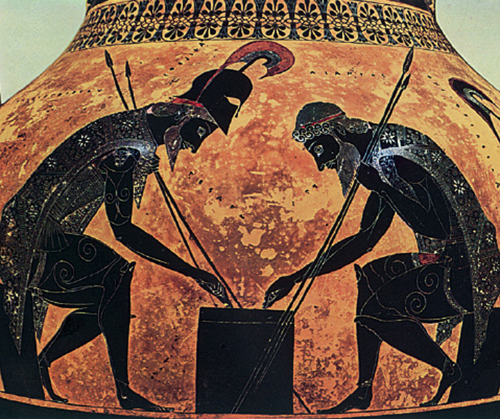 4. Οι πολεµιστές στα διαλείµµατα των µαχών, έπαιζαν διάφορα παιχνίδια για να ξεκουραστούν. Στην εικόνα ο Αίαντας και ο Αχιλλέας παίζουν πεσσούς. Από αρχαίο ελληνικό αγγείο.