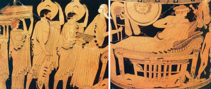 3. Ο Πρίαµος έρχεται µε δώρα στη σκηνή του Αχιλλέα και τον ικετεύει. Από αρχαίο ελληνικό αγγείο.