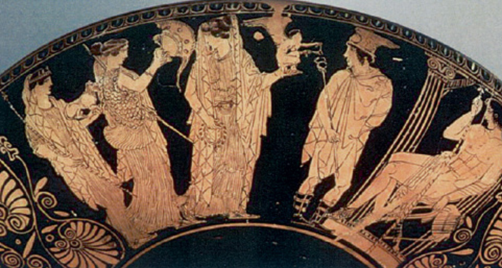 1. Η κρίση του Πάρη. ∆εξιά ο Πάρης, στο κέντρο ο θεός Ερµής και ακολουθούν οι τρεις θεές: Αφροδίτη, Αθηνά, Ήρα. Από αρχαίο ελληνικό αγγείο.