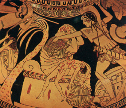 3. Η άλωση της Τροίας. O Νεοπτόλεµος ετοιµάζεται να σκοτώσει τον Πρίαµο, που κατέφυγε στο βωµό για να σωθεί. Στα πόδια του κρατά το νεκρό εγγονό του, τον Αστυάνακτα. Από αρχαίο ελληνικό αγγείο.
