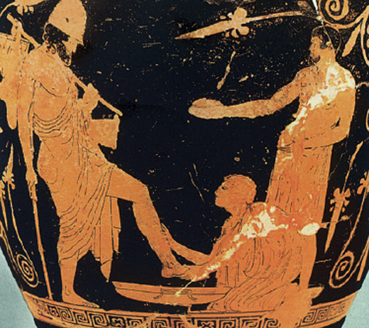 2. Η Ευρύκλεια πλένει τα πόδια του Οδυσσέα και τον αναγνωρίζει από το τραύµα του. ﻿Από αρχαίο ελληνικό αγγείο.