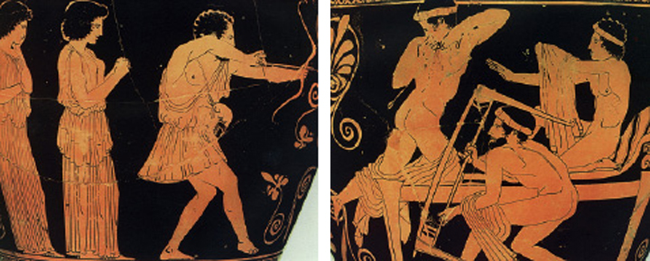 1. Ο Οδυσσέας τεντώνει το τόξο του, ενώ οι µνηστήρες προσπαθούν να σωθούν. Από αρχαίο ελληνικό αγγείο.