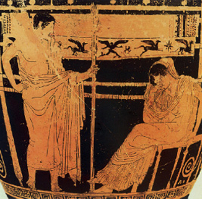 3. Η Πηνελόπη κι ο Τηλέµαχος µπροστά στον αργαλειό µε το ατέλειωτο υφαντό της. Από αρχαίο ελληνικό αγγείο.
