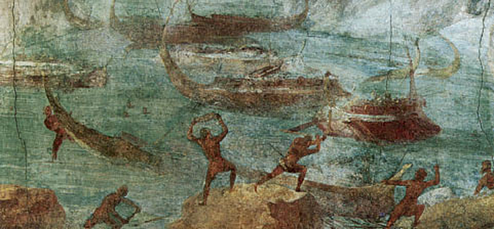 1. Οι Λαιστρυγόνες ρίχνονται στα πλοία των Αχαιών µε βράχους και πέτρες (τοιχογραφία).