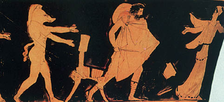 2. Ο Οδυσσέας ορµά µε το ξίφος του στην Κίρκη, κι αυτή τρέχει να σωθεί. Οι σύντροφοι µεταµορφωµένοι σε ζώα παρακολουθούν. Από αρχαίο ελληνικό αγγείο.