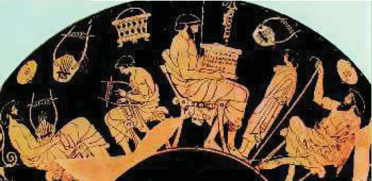 2. Σχολείο στην αρχαία Αθήνα. O κιθαριστής και ο γραμματιστής κάνουν μάθημα. Στην άκρη δεξιά κάθεται ο παιδαγωγός. Απεικόνιση από ερυθρόμορφο αγγείο του 5ου αιώνα π.Χ. (Αρχαιολογικό Μουσείο του Βερολίνου).