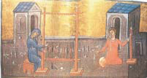 3. Κοπέλες στον αργαλειό (Βυζαντινή μικρογραφία, Βιβλιοθήκη Βατικανού)