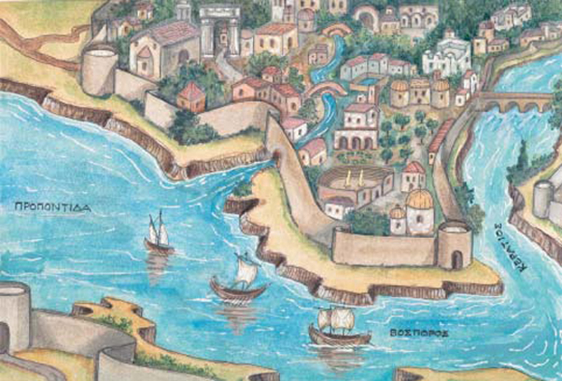 4. Η Κωνσταντινούπολη χτίστηκε σε εφτά οχυρωμένους από τη στεριά λόφους, οι οποίοι «κατέβαιναν» ομαλά ως τη θάλασσα της Προποντίδας, του Βοσπόρου και του Κεράτιου κόλπου.