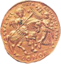 1. Βυζαντινό χρυσό μετάλλιο. Ο έφιππος Ιουστινιανός με στρατιωτική στολή ακολουθεί τη Νίκη, που κρατά δάφνη. (Αθήνα, Νομισματικό Μουσείο).