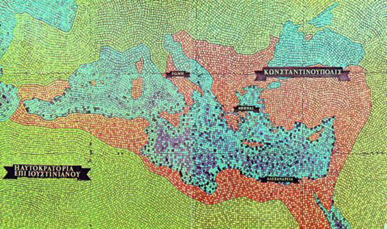 3. Μετά τους πολέμους του Ιουστινιανού η αυτοκρατορία έφτασε στα παλιά της σύνορα. (Παλαιός ψηφιδωτός χάρτης, Ναυτικό Μουσείο Πειραιά).