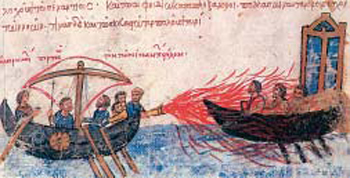 4.α. Βυζαντινοί εξακοντίζουν «υγρό πυρ» κατά εχθρικού πλοίου. Μικρογραφία από βυζαντινό χειρόγραφο (Μαδρίτη, Εθνική Βιβλιοθήκη).