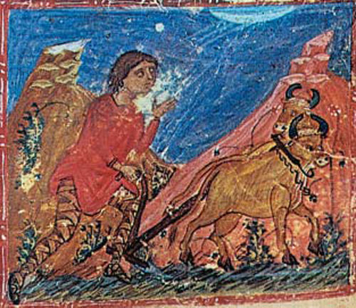 5. Ακρίτας οργώνει το στρατιωτόπι του (Εικόνα από βυζαντινή μικρογραφία). 