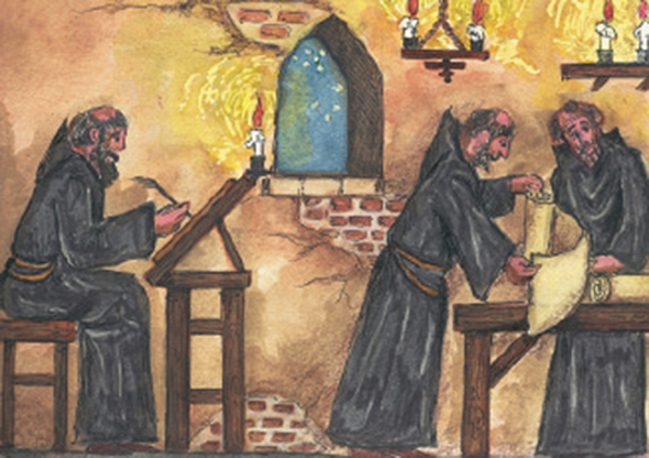4.α. Βυζαντινοί μοναχοί αντιγράφουν αρχαία κείμενα.