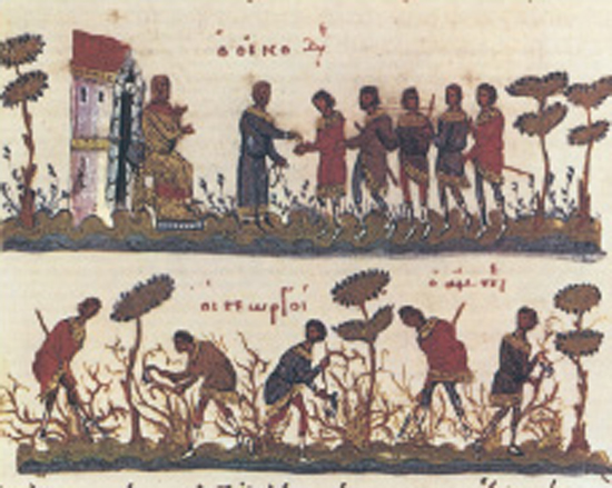 3.γ. Βυζαντινοί γεωργοί εισπράττουν τα ημερομίσθιά τους για την καλλιέργεια αμπελώνα. (Μικρογραφία από Ευαγγέλιο, Παρίσι, Εθνική Βιβλιοθήκη).