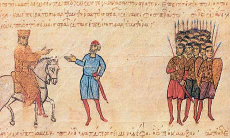 5.α. Ο αυτοκράτορας επιλύει διαφορές ανάμεσα σε στρατιωτικούς (Βυζαντινή μικρογραφία, Μαδρίτη, Εθνική Βιβλιοθήκη)