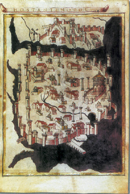 2. Σχέδιο της Κωνσταντινούπολης κατά το 15ο αιώνα. Διακρίνονται τα τείχη, ο Κεράτιος κόλπος και ο Γαλατάς, όπου είχαν εγκατασταθεί Βενετοί και Γενουάτες. (Φλωρεντία, Λαυρεντιανή Βιβλιοθήκη).