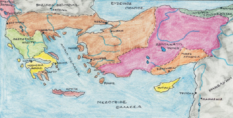 6. Η Βυζαντινή αυτοκρατορία μετά την ανάκτηση της Κωνσταντινούπολης. Με κίτρινο χρώμα σημειώνονται τα λατινικά κράτη που δημιουργήθηκαν μετά τη Δ΄ Σταυροφορία.