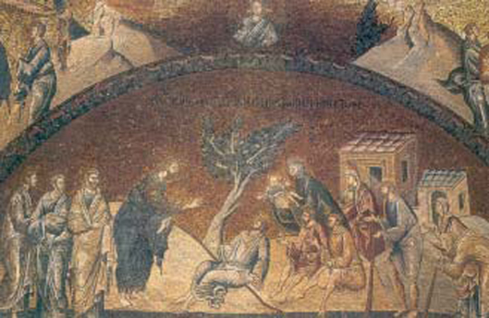 1. Γυναίκες σε θρησκευτική πομπή την εποχή του Ιουστινιανού (ψηφιδωτή τοιχογραφία, Άγιος Απολλινάριος, Ραβέννα).