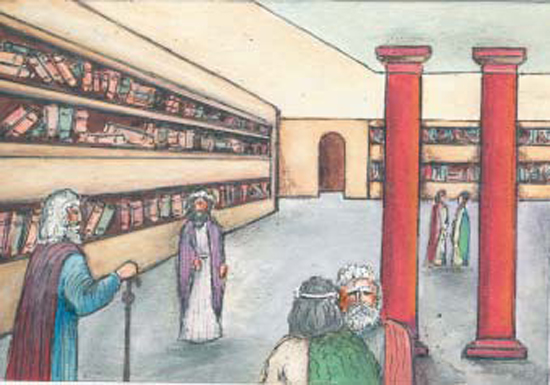 1. Ο Πατριάρχης Φώτιος (3ος αριστερά) συζητά με τους μαθητές του (Μικρογραφία από βυζαντινό χειρόγραφο, Μαδρίτη, Εθνική Βιβλιοθήκη)