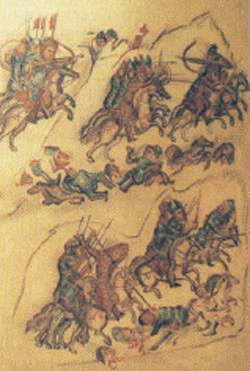 2. Η διπλωματία «των ξένων όπλων»: Το ιππικό των Ρώσων κυνηγά τους Βουλγάρους. Η εικόνα αναφέρεται στην περίοδο που οι Ρώσοι συνεργάστηκαν με τους Βυζαντινούς εναντίον των Βουλγάρων (δες κεφάλαιο 22) (Μικρογραφία από βουλγαρικό χειρόγραφο, Βιβλιοθήκη Βατικανού).
