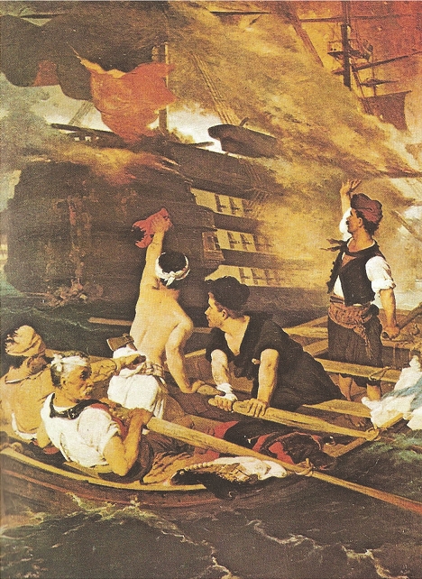 Η πυρπόληση της τουρκικής ναυαρχίδας από τον Κανάρη, πίνακας του Νικηφόρου Λύτρα, Αθήνα, συλλογή Ι. Σερπιέρη