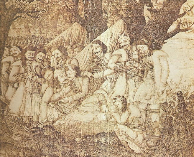 Ο θάνατος του Μάρκου Μπότσαρη, πίνακας του Αθ. Ιατρίδη, Αθήνα, Εθνικό Ιστορικό Μουσείο