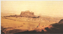 Η Ακρόπολη, έγχρωμο χαρακτικό από το βιβλίο τον περιηγητή J.C.Hobhouse, Αθήνα, Γεννάδειος Βιβλιοθήκη