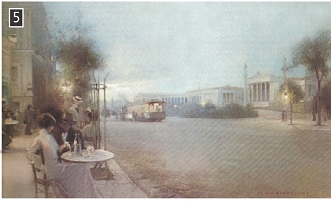 Η οδός Πανεπιστημίου στην Αθήνα το 1899, πίνακας του Π. Μαθιόπουλου, Αθήνα, Εθνική Πινακοθήκη, συλλογή Κουτλίδη