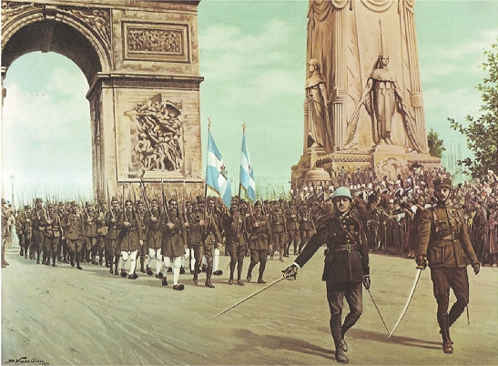 Ελληνικό στρατιωτικό σώμα παρελαύνει κάτω από την Αψίδα του θριάμβου στο Παρίσι στις 14 Ιουλίου 1919, Αθήνα, Εθνικό Ιστορικό Μουσείο