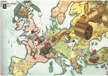 Γελοιογραφία που απεικονίζει τις συγκρούσεις και τις αντιπαραθέσει των ευρωπαϊκών χωρών την περίοδο του Α' Παγκοσμίου Πολέμου