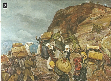 Πίνακας του Έκτορα Δούκα που απεικονίζει τη μεταφορά στρατιωτικού υλικού στο πολεμικό μέτωπο από τις γυναίκες της Πίνδου, Αθήνα, Εθνικό Ιστορικό Μουσείο