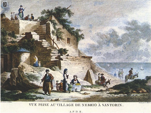 Σκηνή από την καθημερινή ζωή στο Εμπόριο της Σαντορίνης. Από το βιβλίο του περιηγητή Choiseul-Gouffier (M.G.A.F.), Voyage pittoresque de la Grece Παρίσι 1782