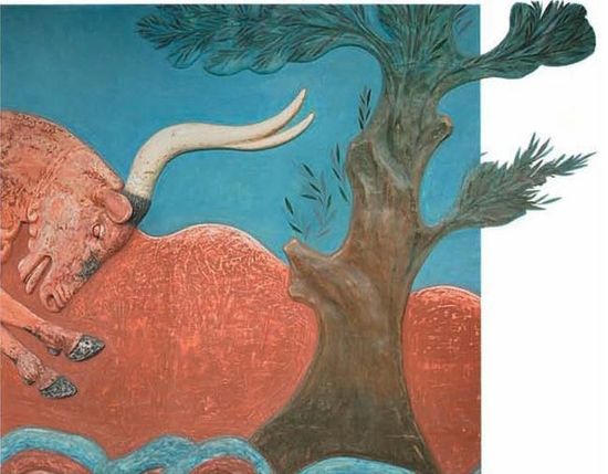 «H ελιά και ο ταύρος», φρέσκο από τη βόρεια είσοδο του παλατιού της Kνωσσού, «The olive wreath», Nίκος & Mαρία Ψιλάκη-Hλίας Kαστανάς, εκδ. Kαρμάνωρ,Hράκλειο, 1999.