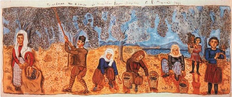 Λιομάζωμα στη Λέσβο, σε πίνακα του Θεόφιλου, Νίκος & Μαρία Ψιλάκη - Ηλίας Καστανάς, Ο πολιτισμός της ελιάς,