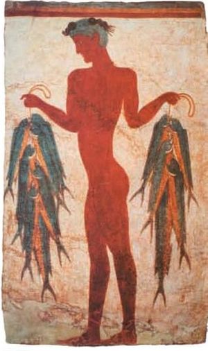 O ψαράς, τοιχογραφία 16ου αι. π.X. σε σπίτι στο Aκρωτήρι της Θήρας. Aρχαία Eλλάδα, εκδ. I. Kαρακωτσόγλου, Aθήνα, 1998