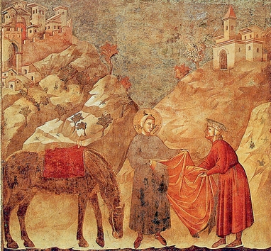 Ο άγιος Φραγκίσκος της Ασσίζης (1182-1226), προσφέρει το επανωφόρι του σε ένα φτωχό. Τοιχογραφία του Τζιότο (περί το 1300). Ασσίζη, Ναός του Αγίου Φραγκίσκου. 