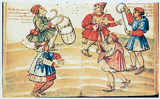 Περιπλανώμενοι μουσικοί.Μικρογραφία από  ισπανικό χειρόγραφο ισπανικό χειρόγραφο (1529). Μαδρίτη, Εθνική Βιβλιοθήκη.