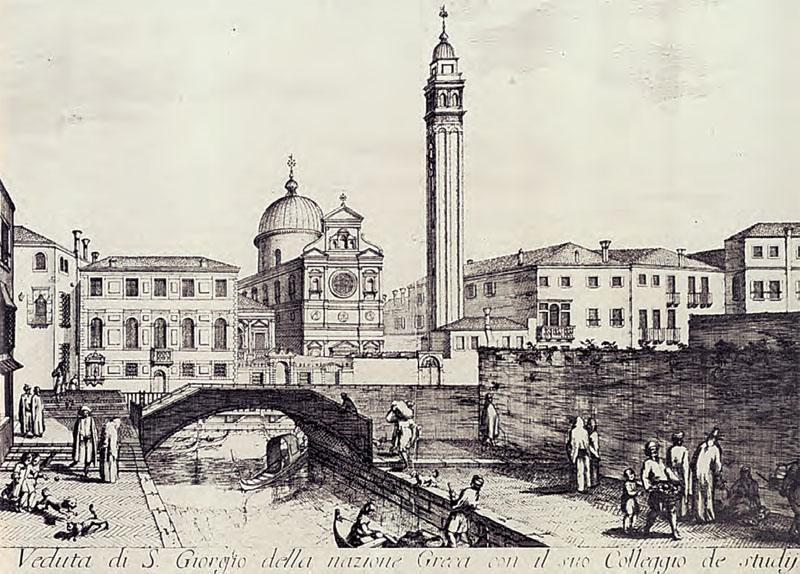 Ο ναός του αγίου Γεωργίου και το Φλαγγινιανό Φροντιστήριο στη Βενετία. Χαλκογραφία. Βενετία, Ελληνικό Ινστιτούτο. Η ελληνική παροικία της Βενετίας, μια από τις μεγαλύτερες της Ευρώπης, υπήρξε σημαντικό πνευματικό κέντρο του Ελληνισμού.