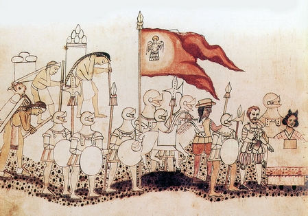 Ο Κορτές (ένας από τους αρχηγούς των ισπανών κατακτητών) με το στρατό του κατευθύνεται προς την πρωτεύουσα των Αζτέκων Τλαξκάλα (Μεξικό). Μικρογραφία του 16ου αι. Codex Ascatitlan.