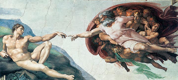 Μιχαήλ Άγγελος, Η δημιουργία του Αδάμ, 1508-1512. Λεπτομέρεια από την τοιχογραφία της Καπέλα Σιξτίνα, Βατικανό. ■ Μπορείτε να βρείτε στοιχεία από την εικόνα που να επιβεβαιώνουν τις ιδιότητες και τα χαρακτηριστικά της τέχνης του Μιχαήλ Άγγελου;