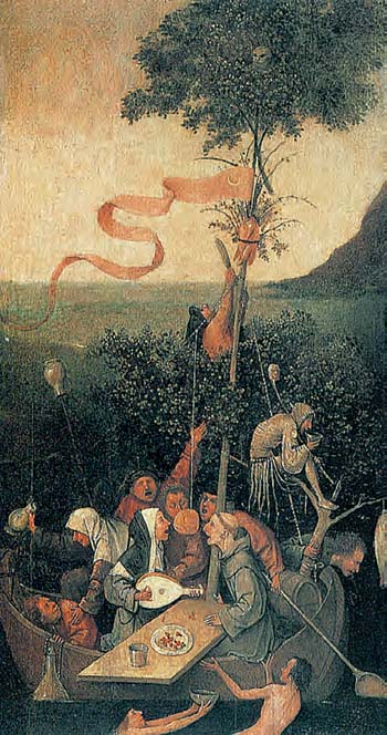 Το πλοίο των τρελών (1490). Πίνακας του Ιερώνυμου Μπος.  ■ Ποια αλληγορία υπάρχει στην εικόνα αυτή σχετικά με την κατάσταση, στην οποία βρίσκονται οι Χριστιανοί; Ποιος ευθύνεται; (Να προσέξετε τα πρόσωπα)
