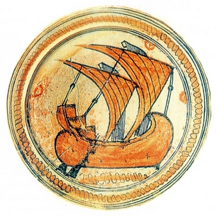 Δικάταρτο εμπορικό πλοίο με τριγωνικά πανιά (λατίνι).Παράσταση σε πιάτο (περ.1200). Κόρινθος. Αρχαιολογικό Μουσείο. 